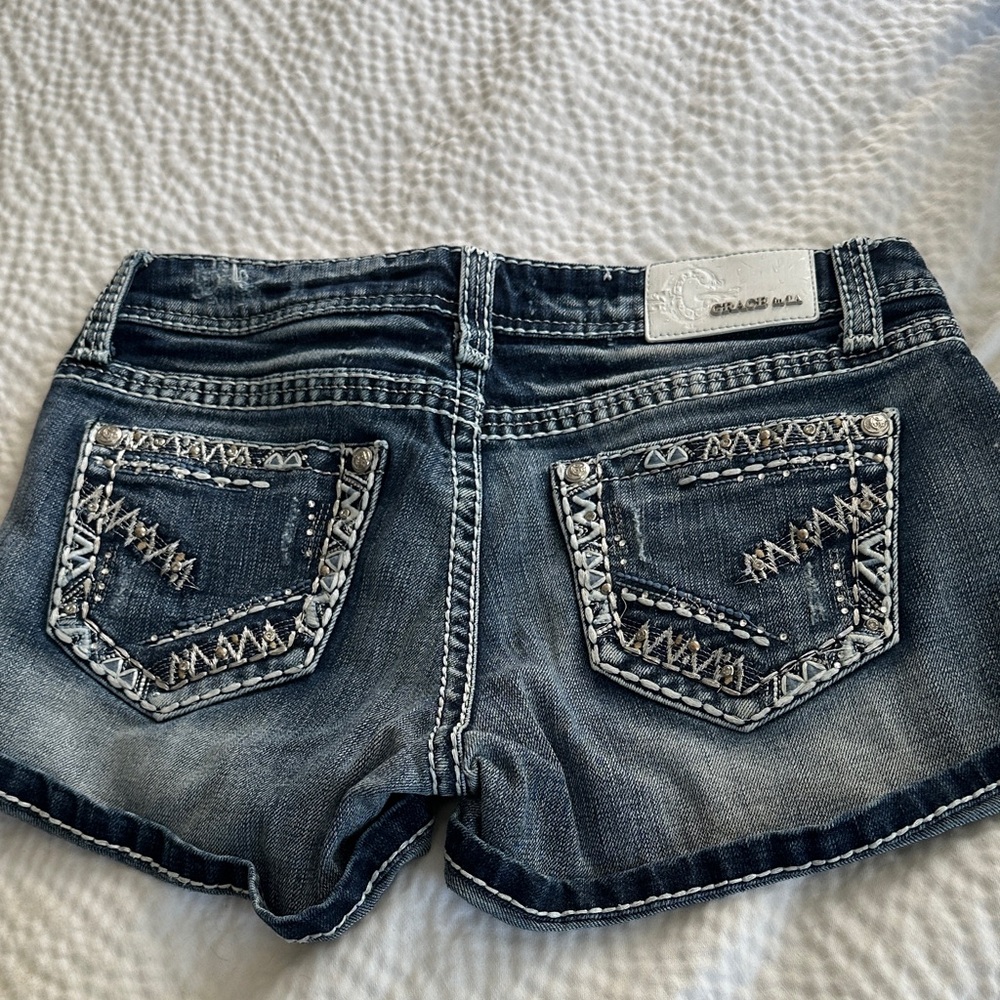 Grace Blue Denim Shorts with Embroidery
